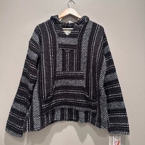 Baja‎ Joe Black Gray Mexican Rug Pullover Hooded Sweater Size Small